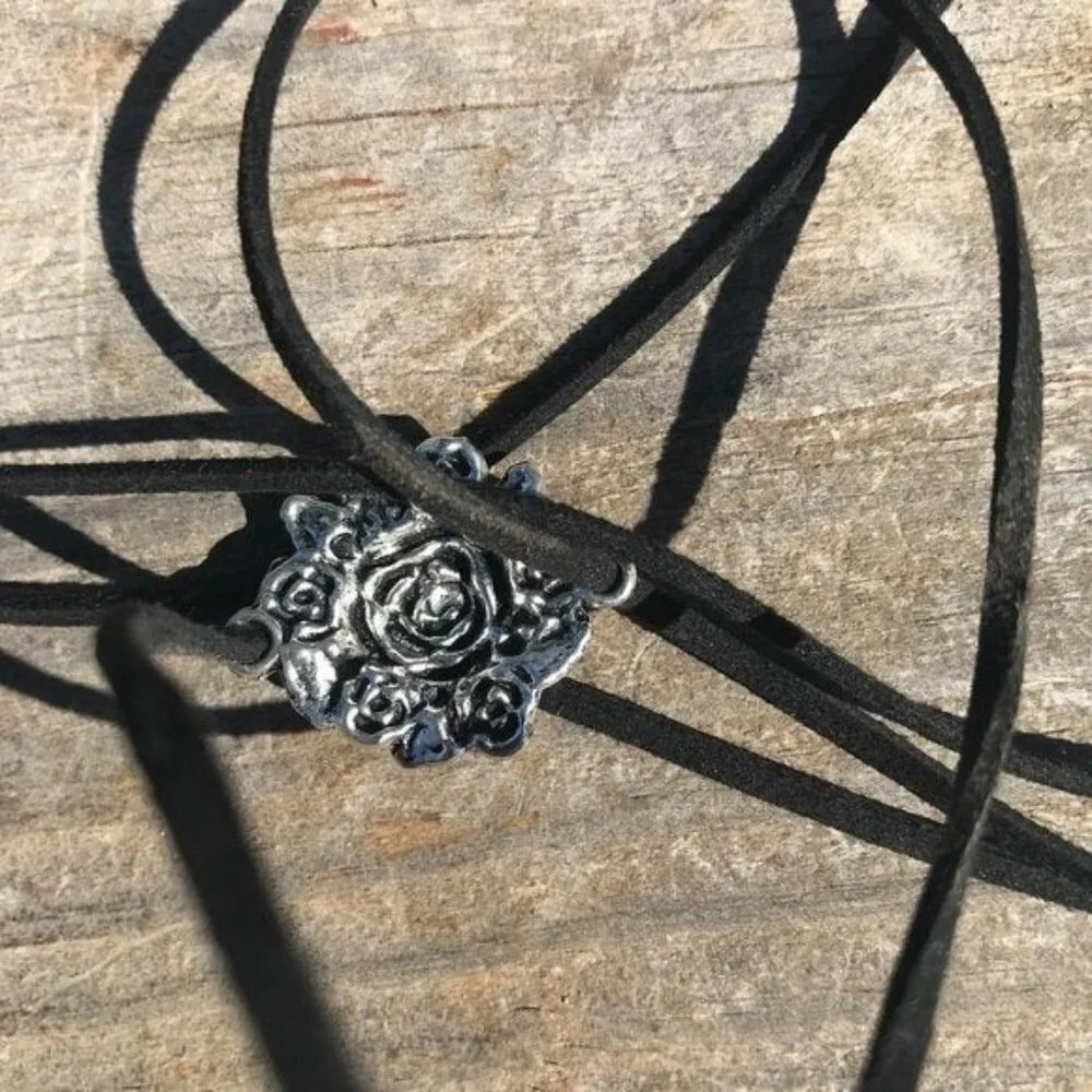 Tie Wrap Floral Rose Silver Bracelet Cuff Yoga Boho Biker Vegan Faux Leather - Picture 10 of 11